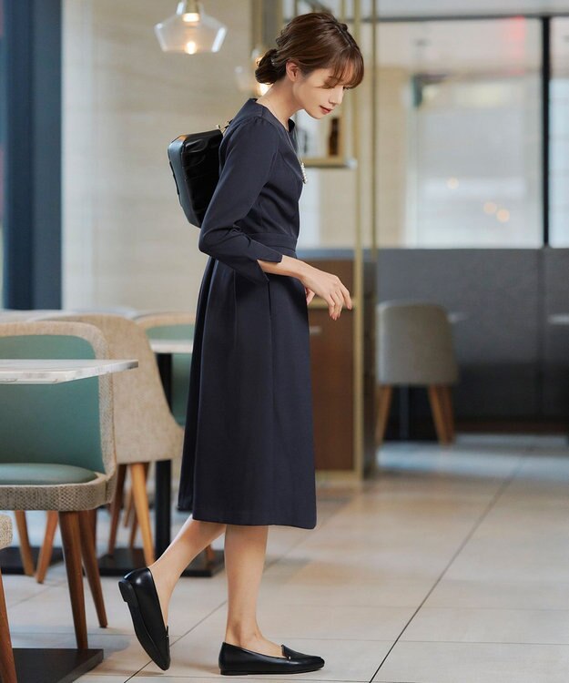 Tiaclasse L 【洗える】アシンメトリータックフレアワンピース ネイビー