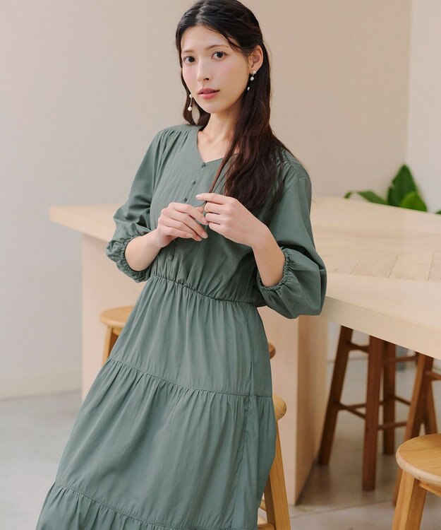 Tiaclasse 【2WAY・洗える】パフスリーブティアードマキシワンピース ライトグリーン