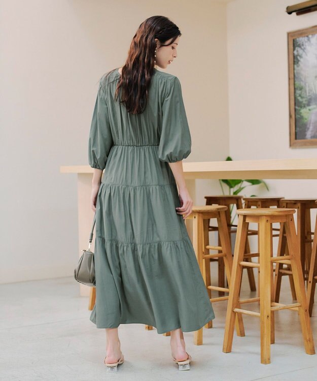 Tiaclasse 【2WAY・洗える】パフスリーブティアードマキシワンピース ライトグリーン