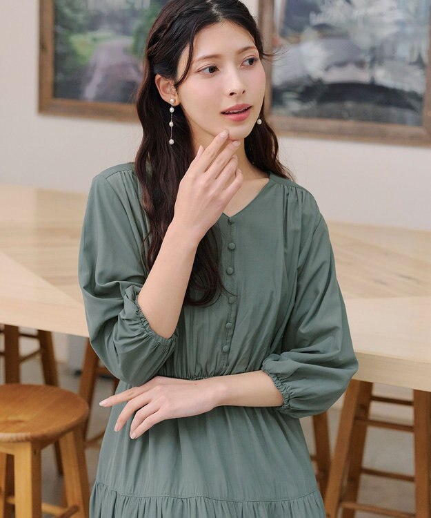 Tiaclasse 【2WAY・洗える】パフスリーブティアードマキシワンピース ライトグリーン