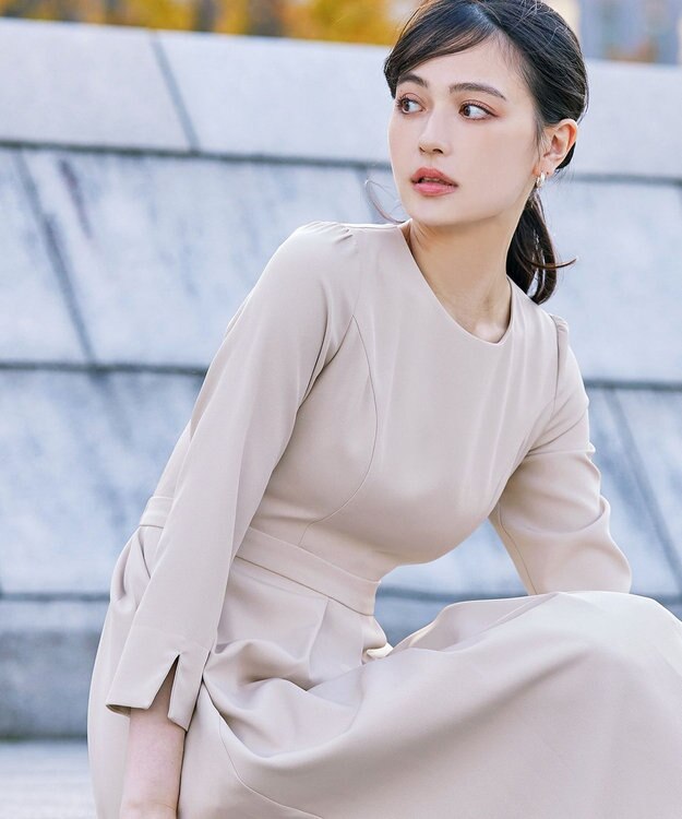 Tiaclasse L 【洗える】アシンメトリータックフレアワンピース ベージュ