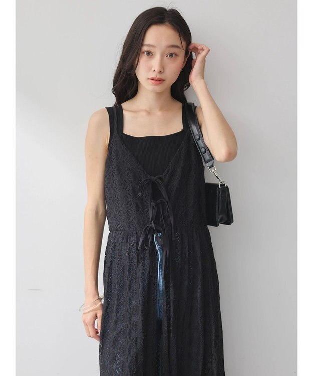 earth music&ecology フラワーレースキャミワンピース Black