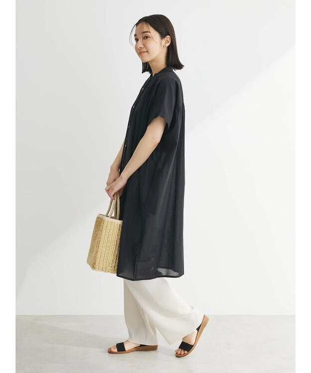 Green Parks インド綿　パイピングバンドカラーシャツチュニック Black