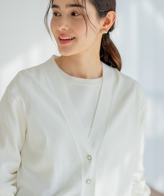 組曲 【ビジューボタン・アンサンブル対応】ハイゲージ ロングVネックカーディガン アイボリー系