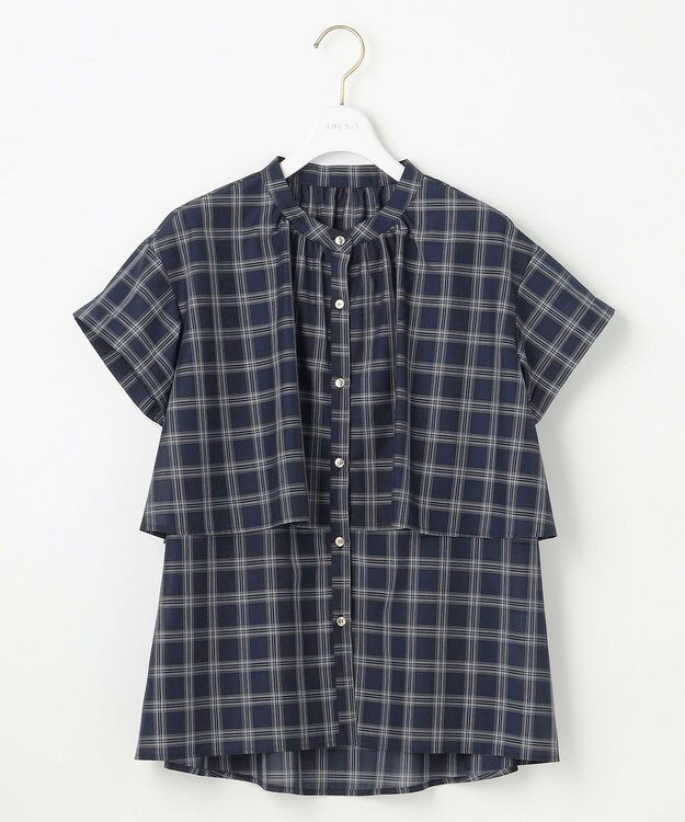 ANY SIS L 【洗える】バンドカラーレイヤード ブラウス ネイビーチェック