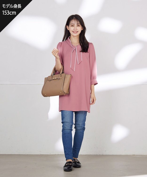 Tiaclasse 【洗える】配色ボウタイパフ袖チュニックブラウス ピンク