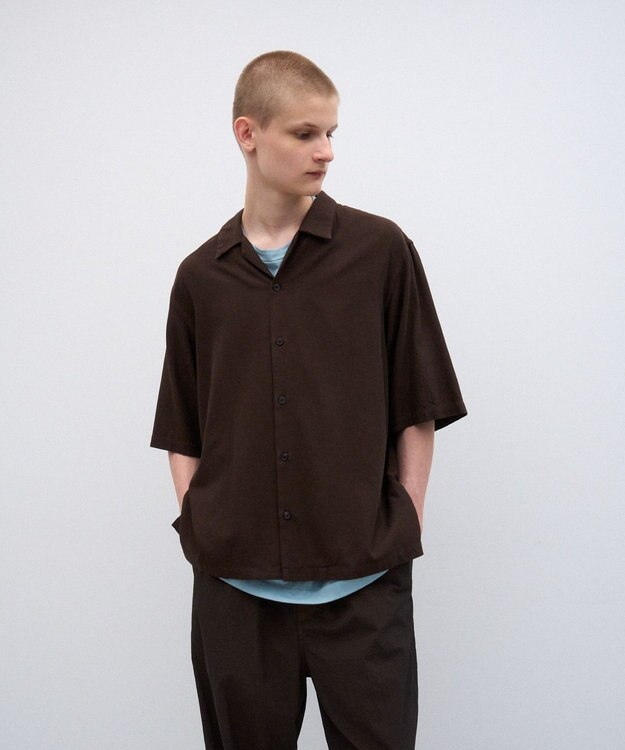 ATON COTTON SILK VIERA | オープンカラーハーフスリーブシャツ - UNSEX DARK BROWN