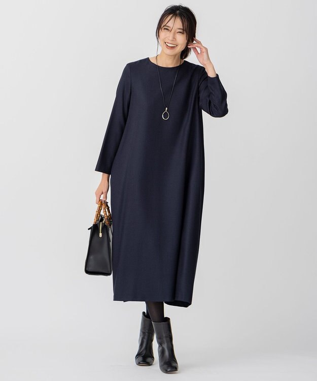 23区 ウールジョーゼット Aライン ワンピース ネイビー系