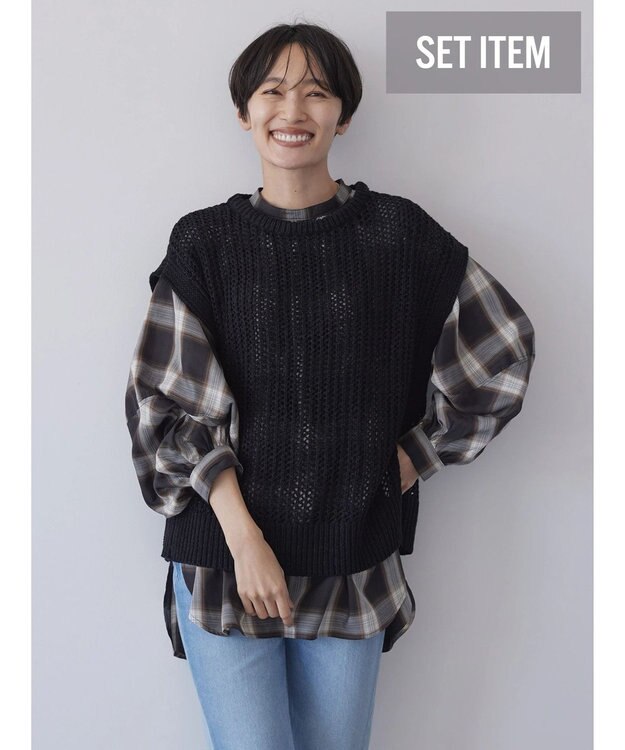 AMERICAN HOLIC ＳＥＴ　ボリュームスリーブシャツ＋ニットベスト Check Black
