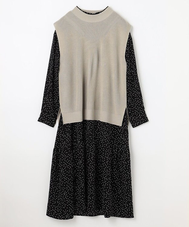 ANY 【セットアイテム】ニットベスト×ワンピース SET グレージュ×ブラックドット