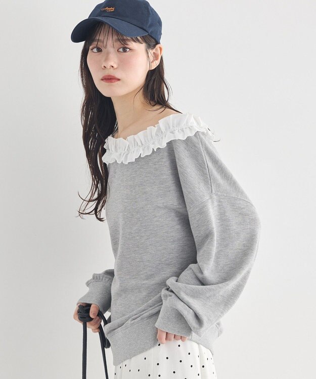 earth music&ecology フリルオフショルウラケスウェット Gray Mixture