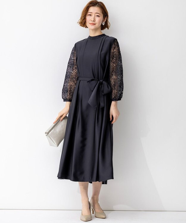 23区 【APPLAUDIR】ノーブルサテン リボンブーケレースコンビ ドレス ネイビー系