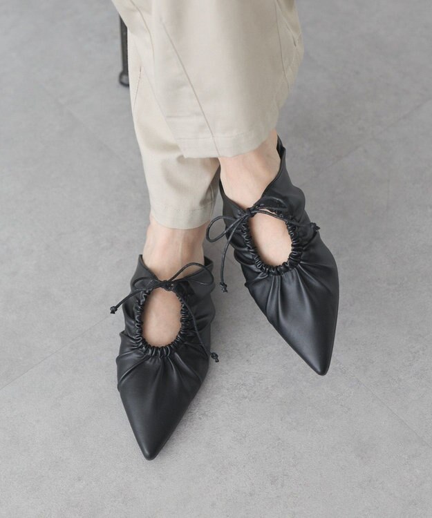 earth music&ecology レースアップギャザーポインテッドミュール Black