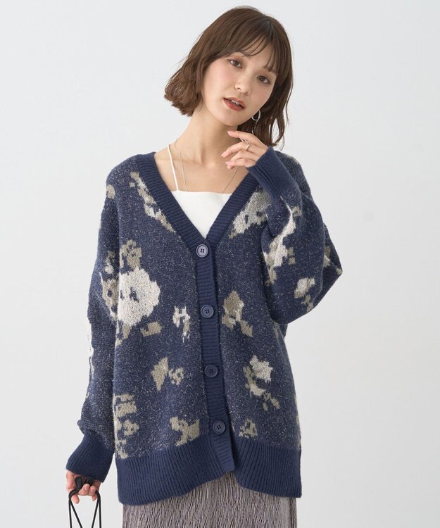 earth music&ecology フラワージャガードラメシャギーカーディガン Navy