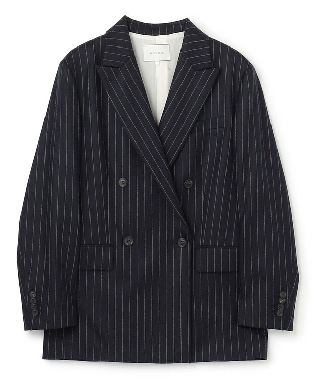 BEIGE， DELAND / ウールピンストライプダブルジャケット Navy St.