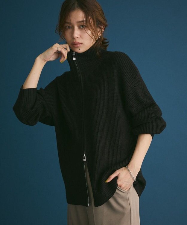 Green Parks ＺＩＰ付き畦ニットチュニック Black