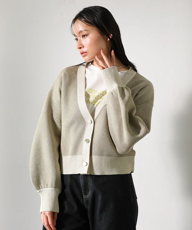 Green Parks ・ＥＬＥＮＣＡＲＥ　ＤＵＥ　ラメＶネックカーディガン Gray Beige