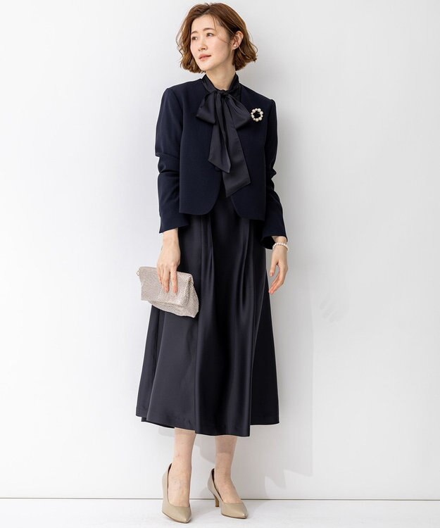 23区 【APPLAUDIR】ノーブルサテン リボンブーケレースコンビ ドレス ネイビー系
