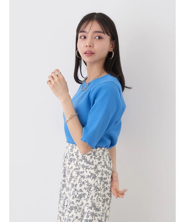 earth music&ecology ドットボタン５分袖リブプルオーバー Blue