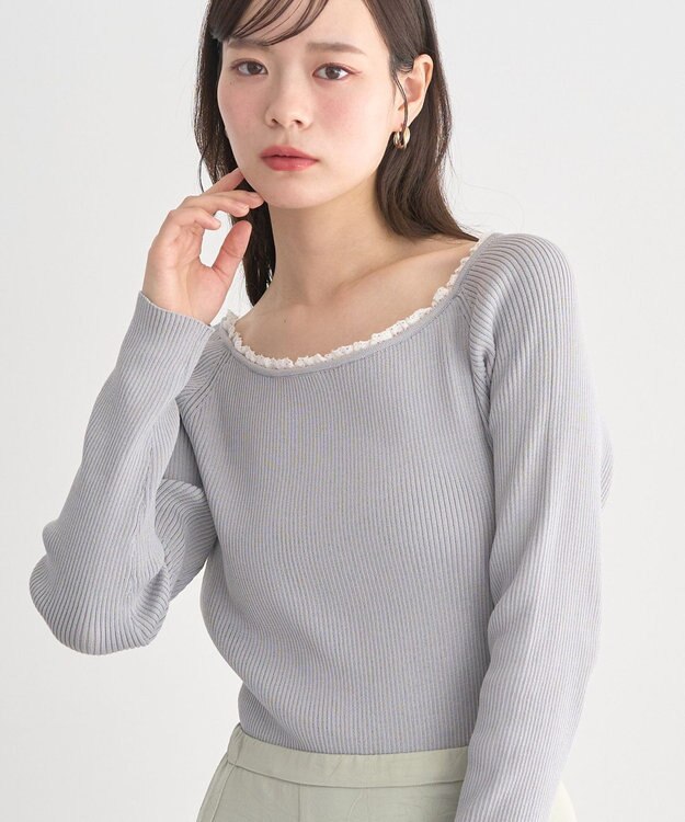 earth music&ecology 【予約】レーストリムリブニットプルオーバー グレー