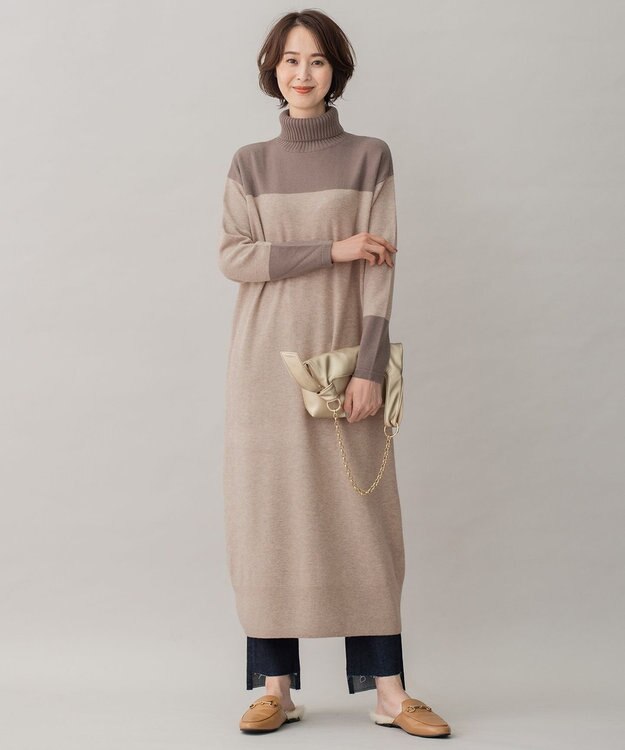 自由区 【洗える】セミウーステッドウール ニットワンピース ベージュ系1