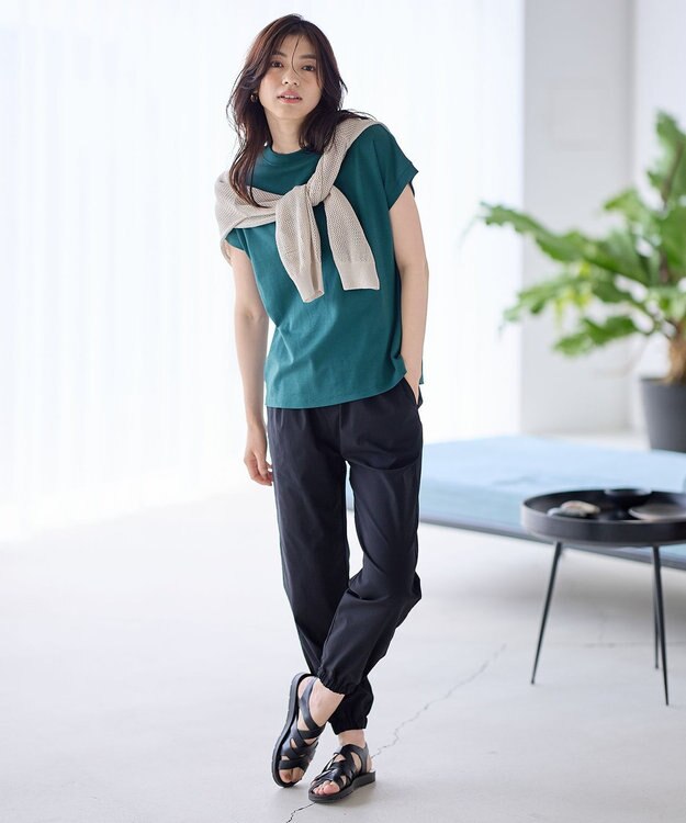 ANY 【UVケア/接触冷感】モックネックフレンチスリーブＴシャツ ピーコックグリーン