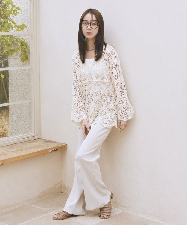 earth music&ecology セルフカットリブフレアパンツ Light Beige