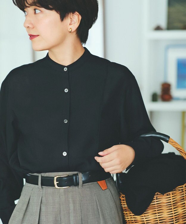 23区 L 【Oggi10月号掲載/洗える】ウールシアービエラ バンドカラー シャツ ブラック系