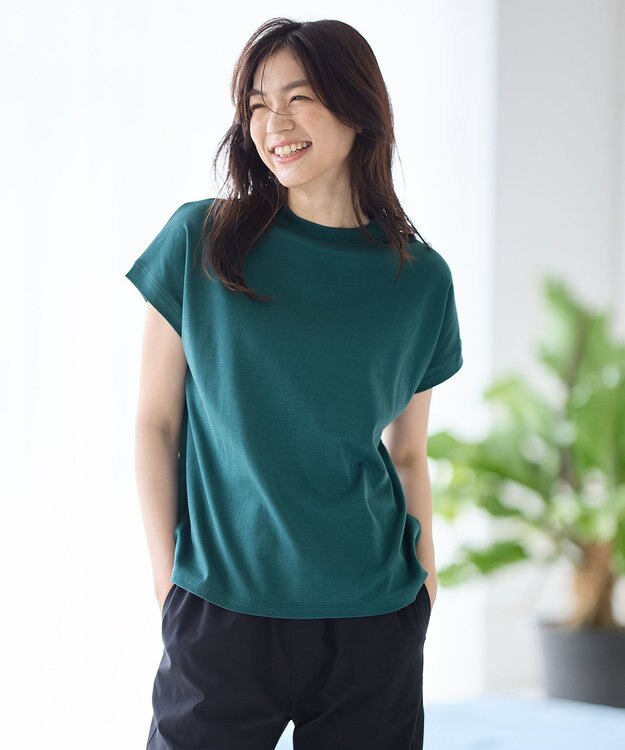 ANY 【UVケア/接触冷感】モックネックフレンチスリーブＴシャツ ピーコックグリーン