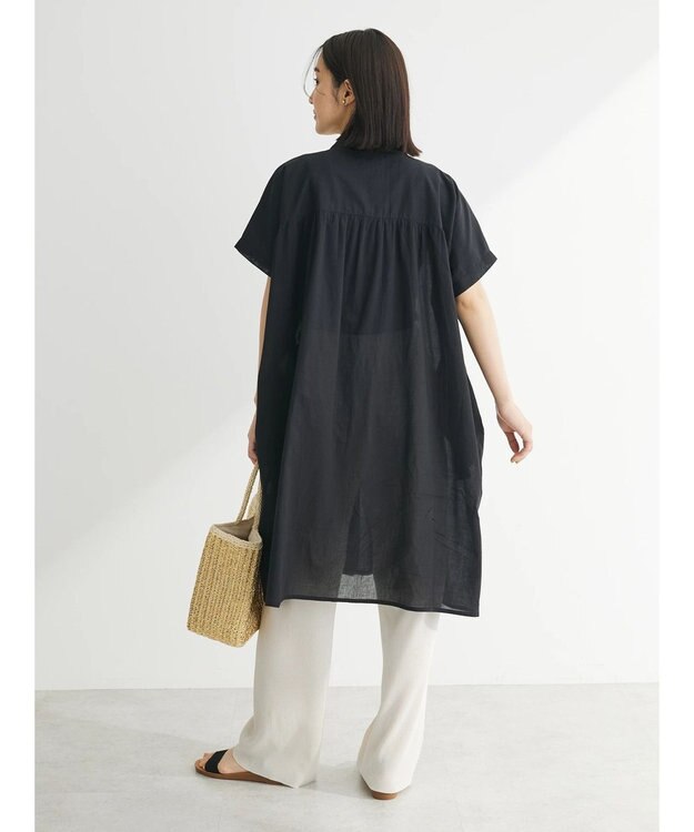 Green Parks インド綿　パイピングバンドカラーシャツチュニック Black