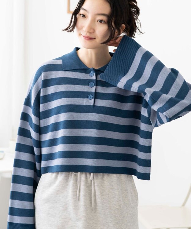 WEGO ボーダーニットポロ ブルーボーダー