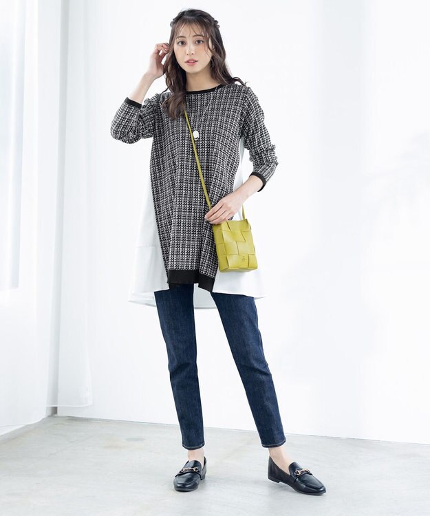 Tiaclasse 【洗える】ツイード2段フレアチュニックブラウス ブラック