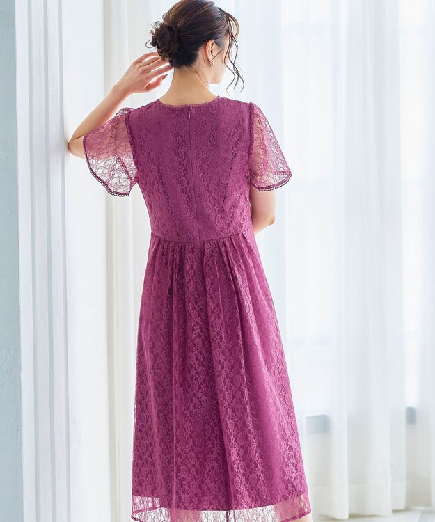 Tiaclasse L 【洗える】フレアスリーブ総レースワンピース モーヴピンク