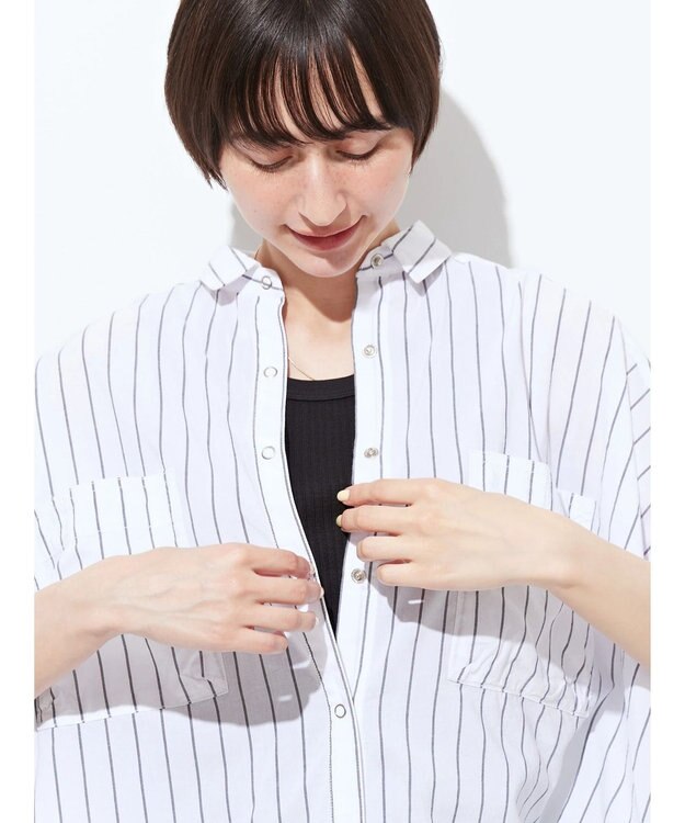 AMERICAN HOLIC ＷポケットバックタックＢＩＧシャツ Stripe Ivory