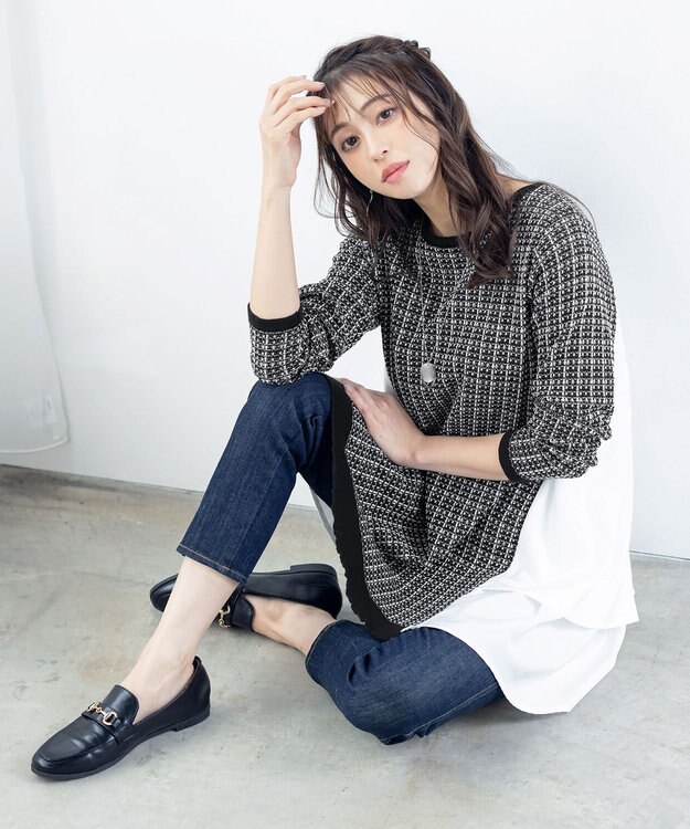 Tiaclasse 【洗える】ツイード2段フレアチュニックブラウス ブラック