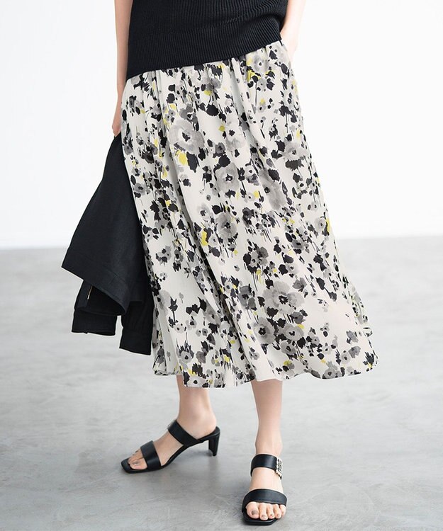 自由区 L 【洗える】ERICA楊柳プリント ギャザースカート ブラック系5