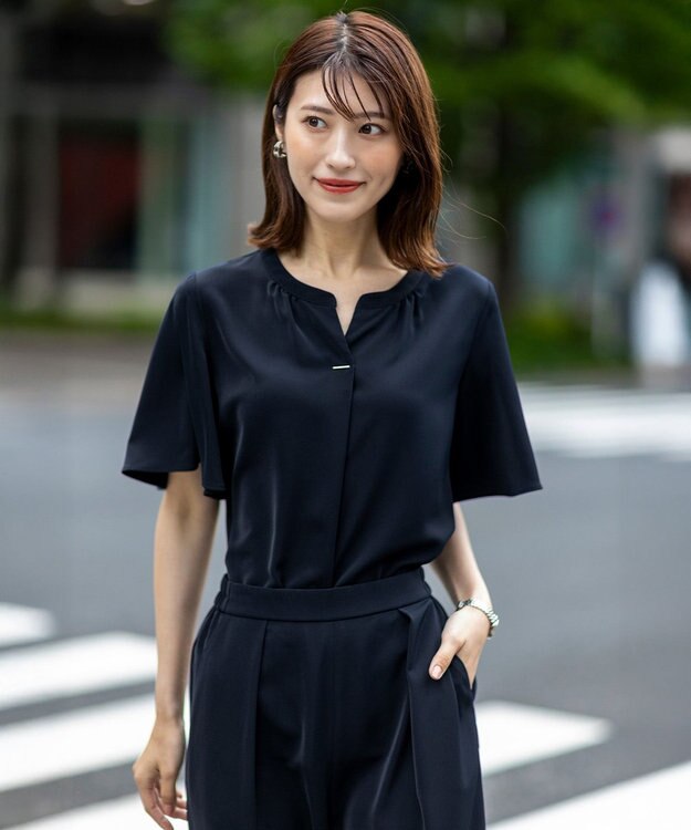 ANY SIS 【接触冷感・吸水速乾・UVカット】サラキレイ スキッパー ブラウス ネイビー