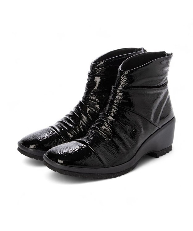 MODE ET JACOMO <D'ICI>ドレープデザインウェッジソールショートブーツ ブラックエナメル