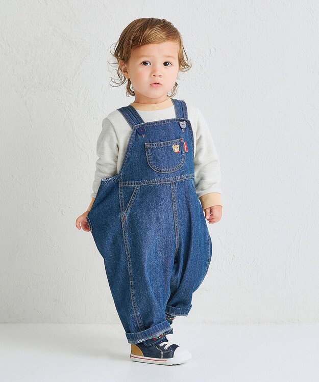 MIKI HOUSE HOT BISCUITS 【70-110cm】ワンポイント 6オンスデニム オーバーオール インディゴブルー