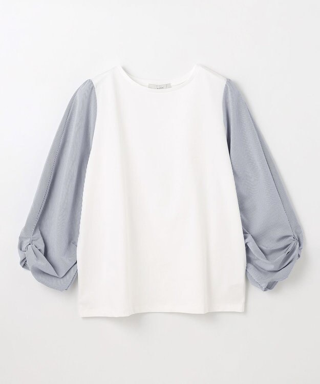 ANY 【洗濯機可/UVケア/アンチピリング】布帛ねじり袖コンビプルオーバー ホワイト×ストライプ