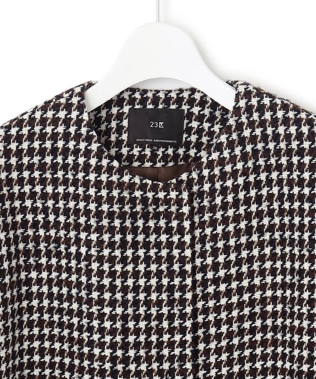 23区 チェック ツイード ノーカラーコート ブラック系3