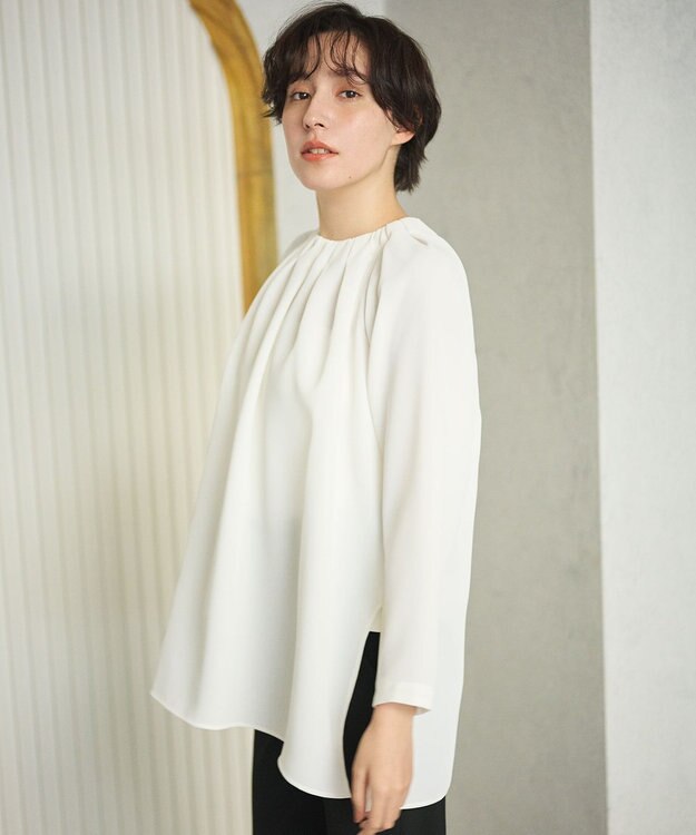 #Newans 【洗濯機可能】タックネックブラウス ホワイト