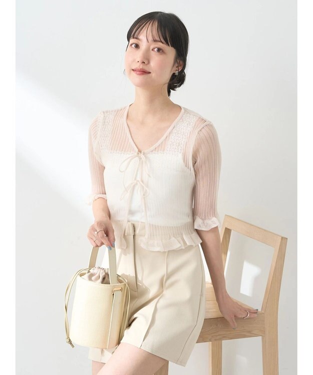 earth music&ecology シアーラメフリルカーディガン Ivory