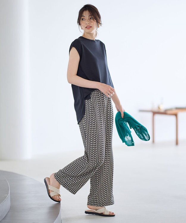 ANY 【洗濯機可/ウエストゴム】ウェーブプリントパンツ ブラウン