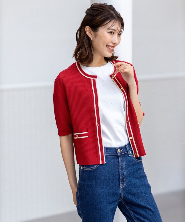 ANY SIS S 【UVカット・洗える】リンクスバイカラー カーディガン レッド×ライトベージュ