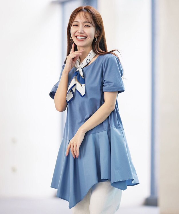 Tiaclasse L 【洗える】イレギュラーヘムチュニックブラウス ブルー×ブルー