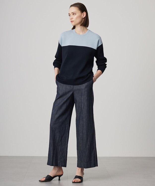 ICB 【洗える】 コットンリアクティブデニム ワイドストレートパンツ インディゴ系