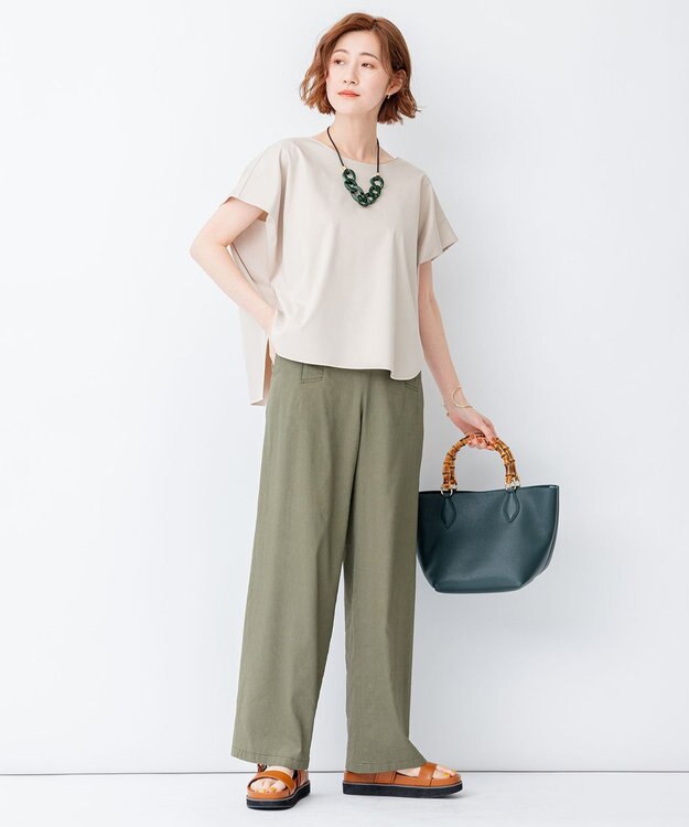 23区 【洗える】リネンヴィスコースストレッチ マリンパンツ カーキ系