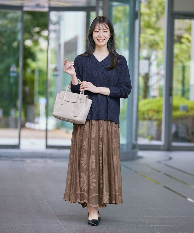 Tiaclasse L 【洗える】Vネック起毛ニットトップス ネイビー