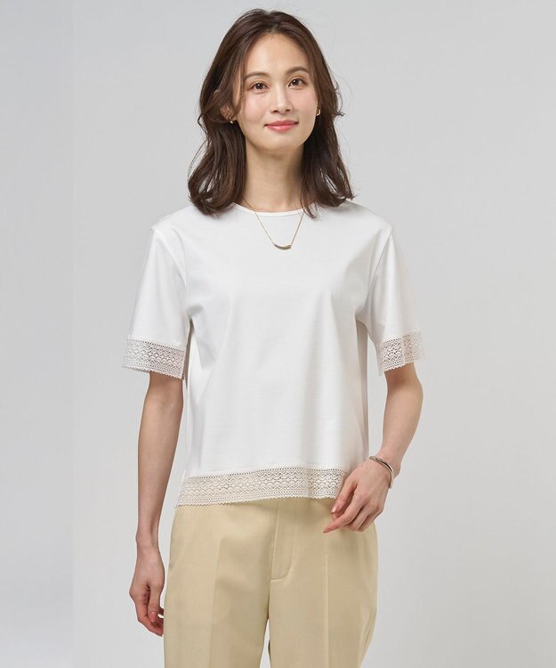 J.PRESS LADIES 【一枚で着映え】コットンスムース レース カットソー ホワイト系